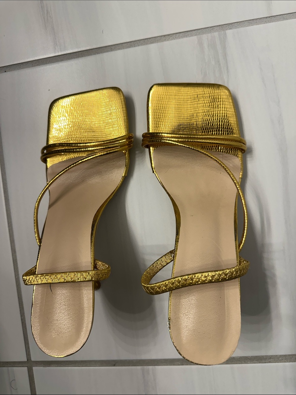 Metallic Gold Square-Toe Strappy Heeled Sandals